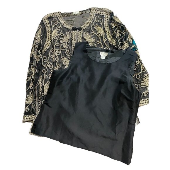 Vtg ISC Womens Blazer Sleeveless Shell L Silk Embroidered Metallic Black Tunic - Picture 7 of 16